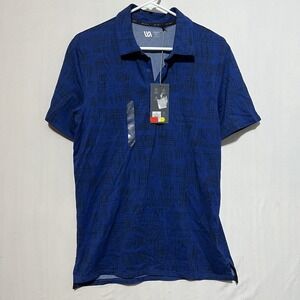 VRST Warped Check‎ Pique Polo Shirt Men's Small Navy Blue Stretch High Low Hem
